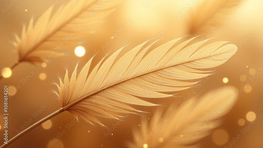 Poster a close up of a feather with a yellow background
