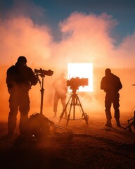 Fototapeta premium A dramatic scene featuring silhouettes of individuals operating cameras amidst fog and vibrant light, suggesting a film or photography setting.