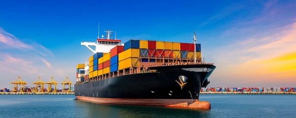 A massive cargo ship loaded with colorful containers sails across a calm sea under a vibrant sunset, showcasing the beauty of maritime transport.
