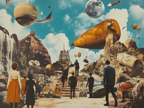 A surreal collage of people walking up a staircase towards a futuristic cityscape, with floating objects and celestial bodies in the sky.