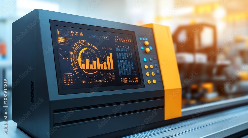 Poster a black and orange retro-style computer with a colorful display showing 