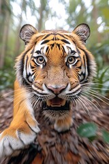 Fototapeta premium The tiger's piercing roars echoed through the dense forest, sending shivers down the spines of all who heard its terrifying cries