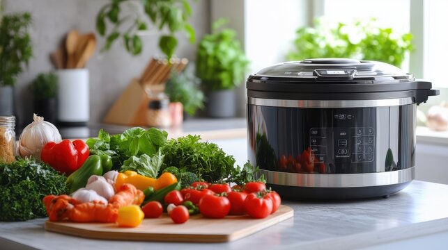 Modern Kitchen with Black Electric Pressure Cooker and Fresh Vegetables