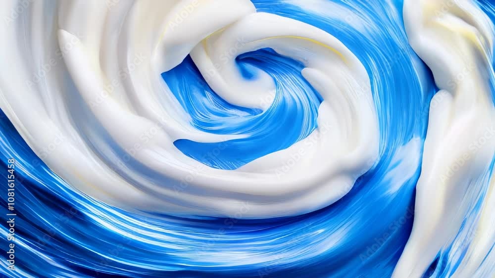 Poster close-up of swirling white and blue paint creating a smooth, abstract pattern with textured, creamy 