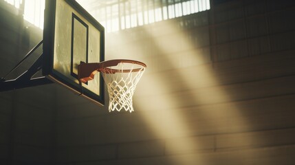 A basketball court's backboard with focus on the glass and rim, indoor setting with spotlight, Dramatic style