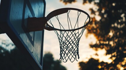 A basketball court's backboard with rim and net shadows, outdoor setting under dusk sky, Moody style