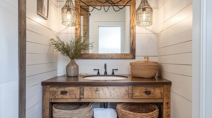 Farmhouse-style bathroom, shiplap walls, reclaimed wood vanity, vintage metal lighting, and woven baskets 