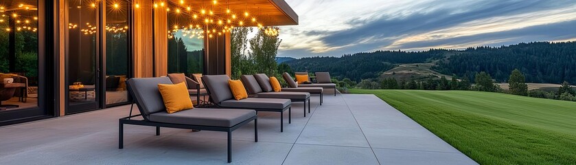 Obraz premium Patio design with hanging lights, evening relaxation spot, modern lounge chairs, cozy cushions, string lights creating a soft glow, relaxing ambiance with warm tones