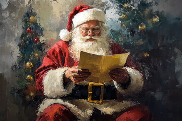 Santa Claus reading a letter by the Christmas tree in a vintage oil painting style. New Year's day and Merry Christmas card illustration