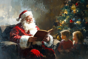 Santa Claus reading a Christmas story to children by the Christmas tree. New Year's day and Merry Christmas card illustration in vintage oil painting style