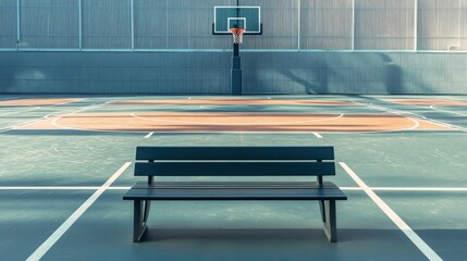 A basketball court's court-side seat, outdoor setting with court markings, Energetic style