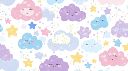 Obraz premium Seamless pattern of clouds and stars with cute faces.