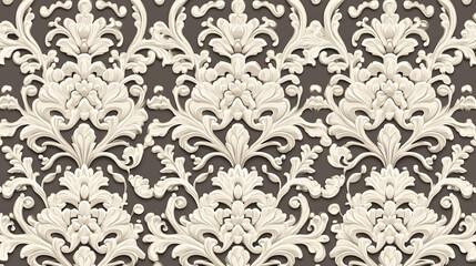 Seamless pattern of white ornate damask design on a dark gray background.