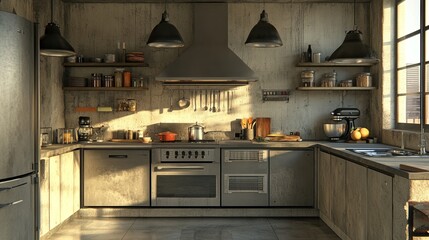 Chic luxury kitchen with textured concrete floors, industrial pendant lights, high-end appliances,