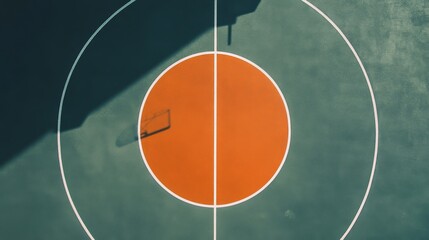 A basketball court's foul line and free throw area, urban outdoor setting with clear sky, Urban style