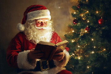Santa Claus reading a book of Christmas carols near Christmas tree in a vintage oil painting style. New Year's day and Merry Christmas card illustration