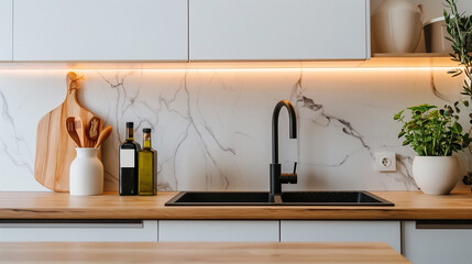 Modern Kitchen with Marble Backsplash, Wooden Countertop, and Minimalist Decor