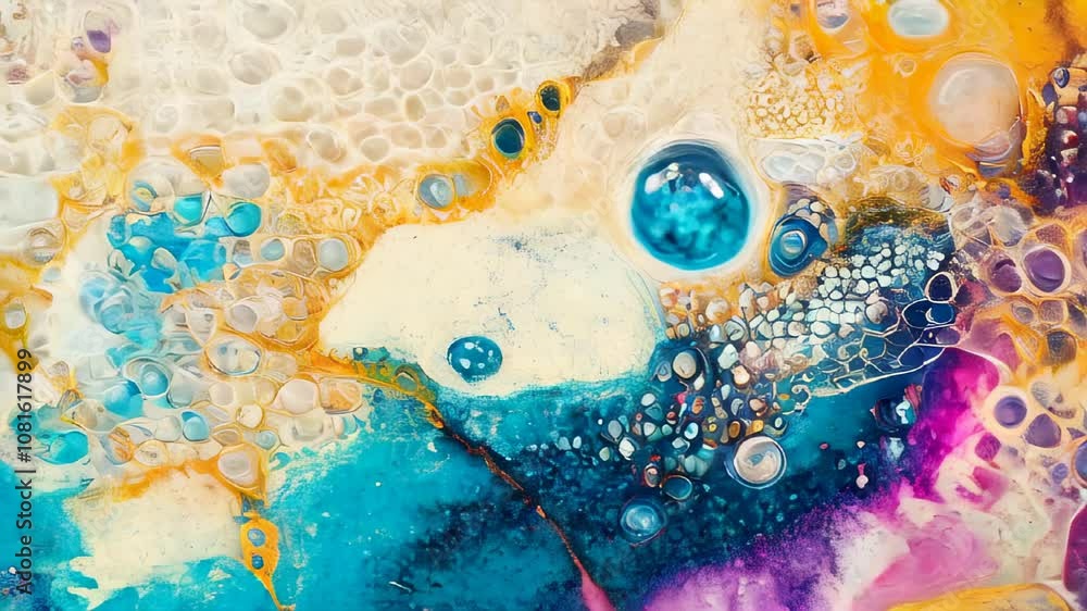 Poster Close-up of vibrant bubbles in fluid paint, featuring a mix of colors and textures, creating a unique abstract composition.