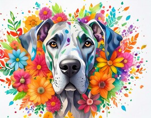 Great Dane against colorful flower background
