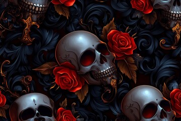 Fototapeta premium Pattern of skulls and roses in a Gothic style, with dark colors and ornate details