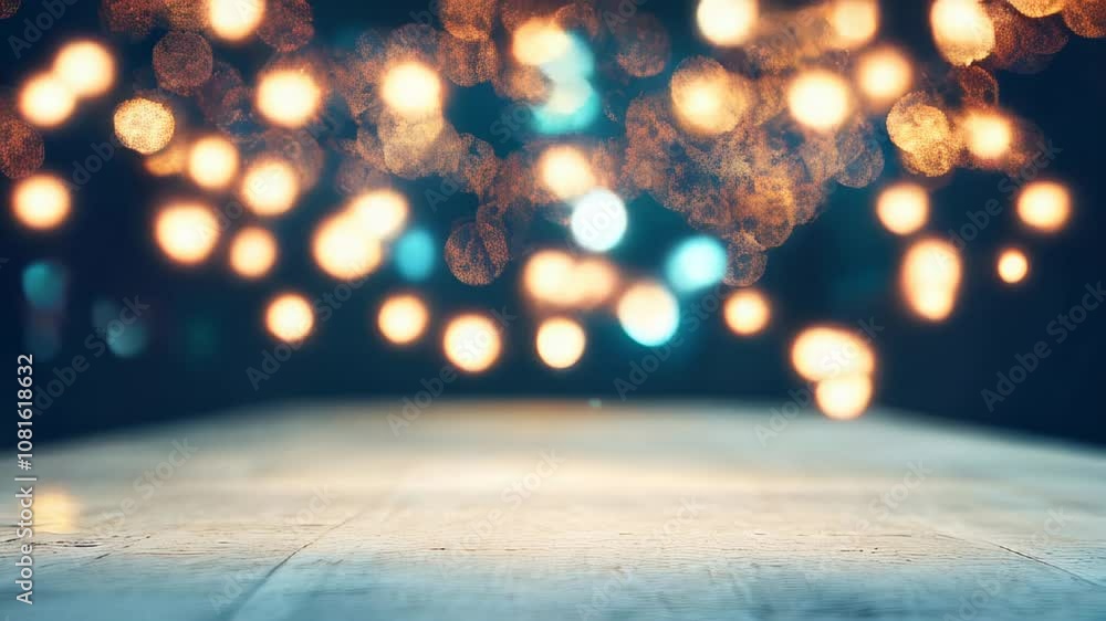 Poster a wooden table surface extends into the foreground with warm bokeh lights in the background, creatin
