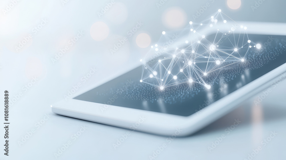 Aufkleber tablet displaying digital network connection with glowing nodes, symbolizing technology and innovati