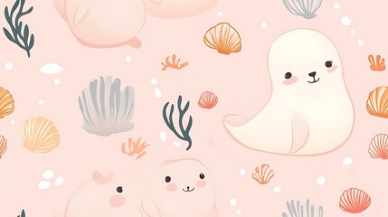 Cute Minimalistic Pastel Seal and Shell Pattern
