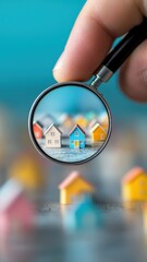 Fototapeta premium A hand holding a magnifying glass focuses on a small blue house among various tiny colored houses, symbolizing real estate or a housing market analysis.