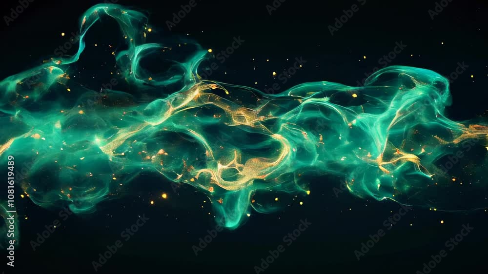 Poster abstract teal and gold smoke flowing on a dark background, creating a mysterious, magical, and dynam