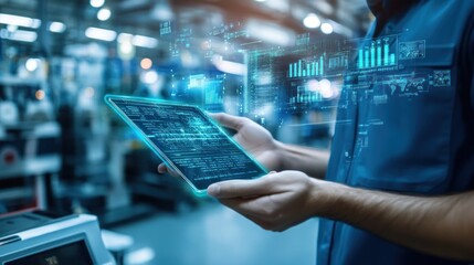 A worker in a factory uses a tablet to monitor production data and analytics.