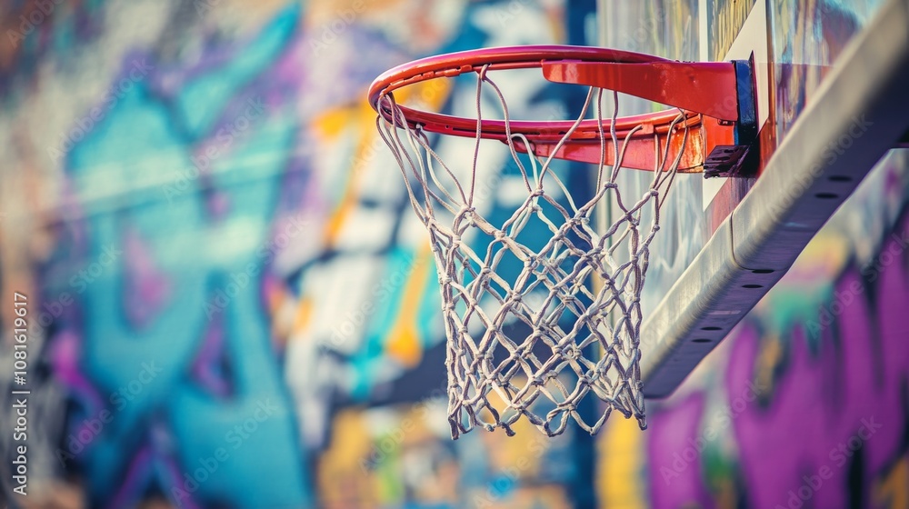 Aufkleber a basketball court's hoop with a focus on the intricate pattern of the net, urban setting with color