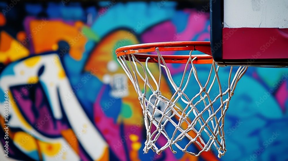 Aufkleber A basketball court's hoop with a focus on the intricate pattern of the net, urban setting with colorful graffiti backdrop, Urban style