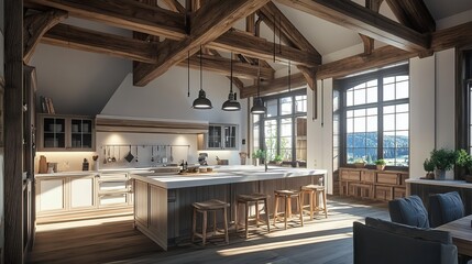 Luxury kitchen with modern rustic decor, wooden beams, large island, and cozy lighting, spacious design,