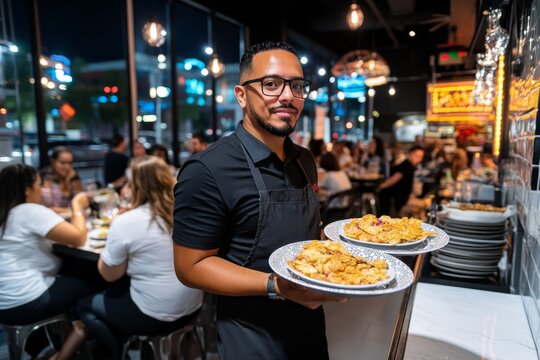 Server carrying plates in a busy restaurant, with diners enjoying their meals around