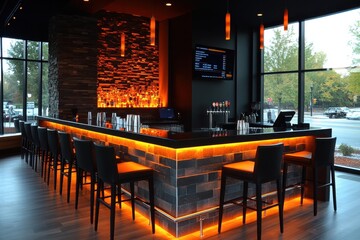 A bar with a brick wall and orange lights