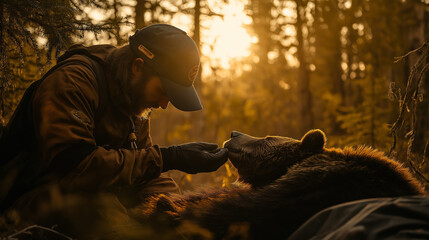 Veterinarian inspecting a tranquilized bear’s paw in wilderness, golden-hour lighting
