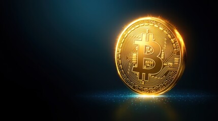 Glowing bitcoin coin digital finance vector illustration dark background close-up view cryptocurrency concept