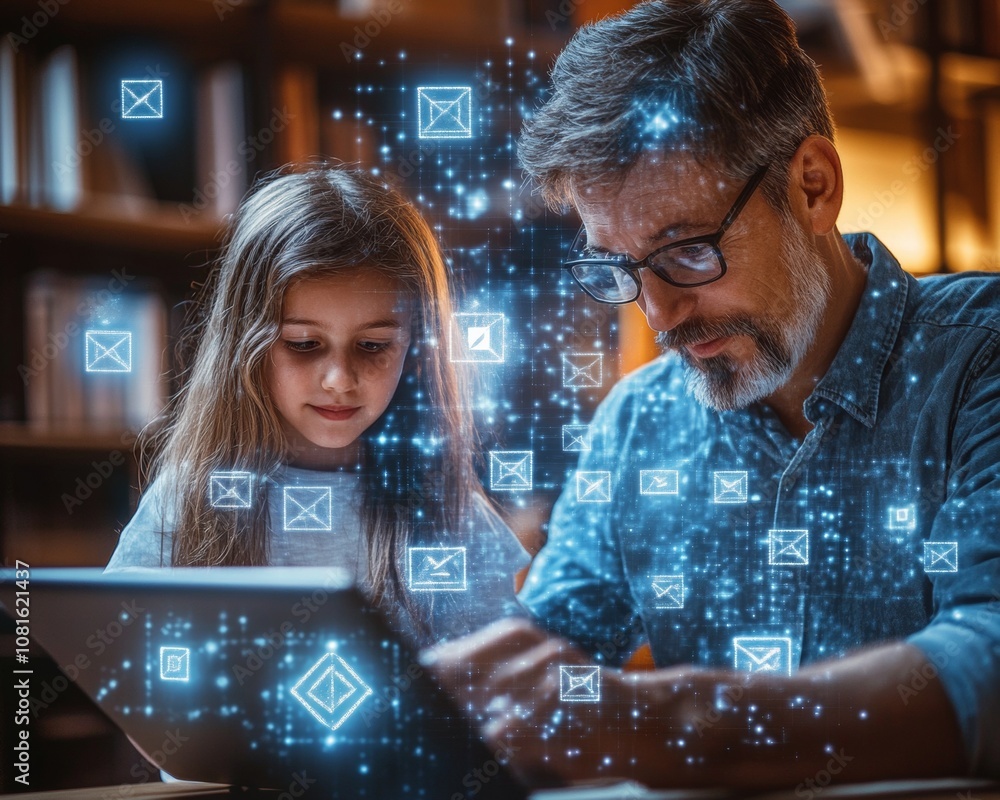 Poster child and adult exploring blockchain technology in a digital setting