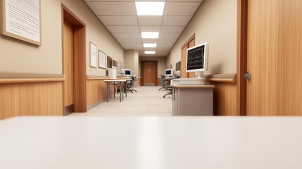 An overview of a modern office corridor featuring workstations with computers, emphasizing a professional and organized workspace environment.