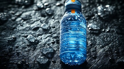 A blue water bottle with condensation on it, on a dark surface with ice cubes.
