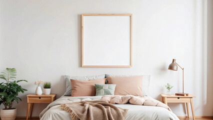 Minimalistic light bedroom with blank white wall art mockup.Blank Scandinavian interior poster template for your design,illustration or seamless pattern.