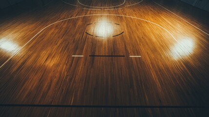 A basketball court's three-point line with a focus on the painted line and court texture, indoor setting with polished wood floor, Sleek style