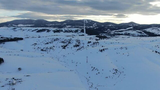 Beauty of Zlatibor, White Landscape with Great Way of Gondola on a Cold Winter Day Before Sunset. Drone Shot