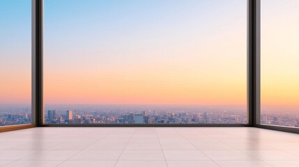 Fototapeta premium Spacious room with modern design, featuring large windows that showcase a stunning sunset view over the city skyline, perfect for urban living.