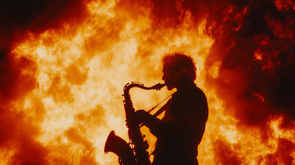 Obraz premium Silhouette of a person playing the saxophone. Saxophone player silhouette. Saxophone player in the night. Musician playing saxophone on stage on a fire red background