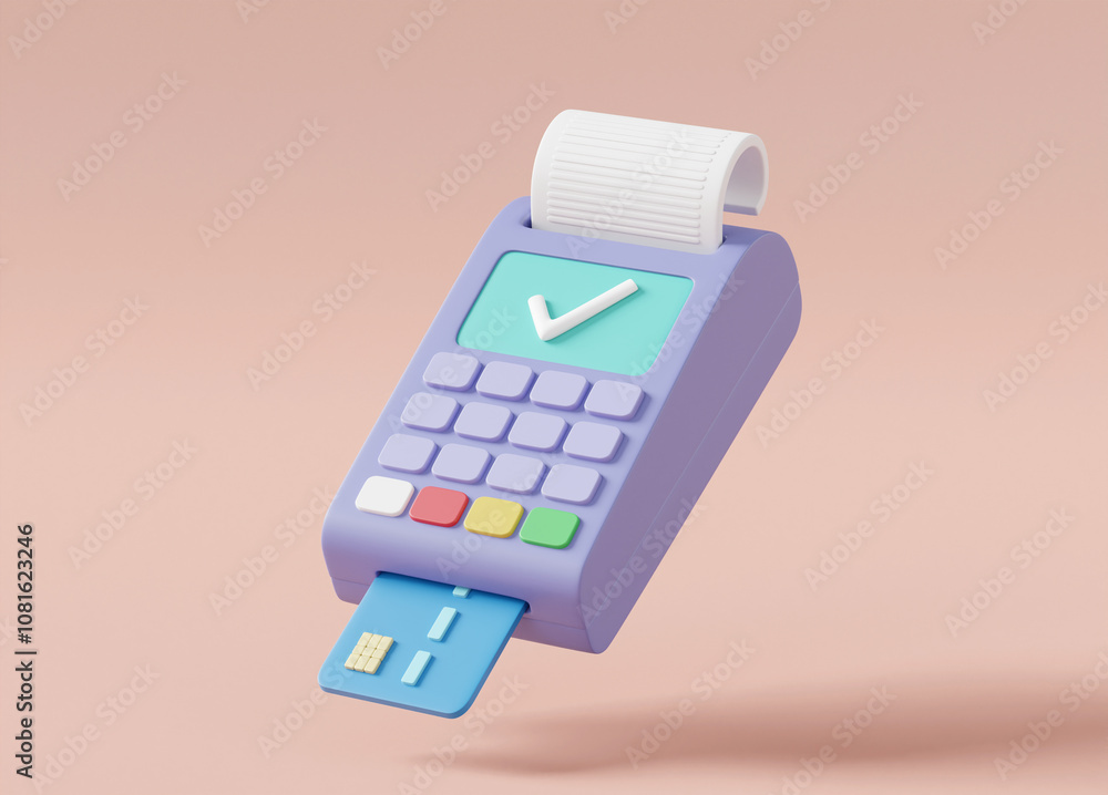 Poster 3d rendered illustration of a light purple card reader icon with a check mark. it indicates that the