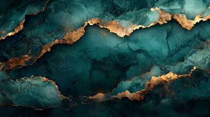 Abstract artwork featuring teal and gold marbling patterns.