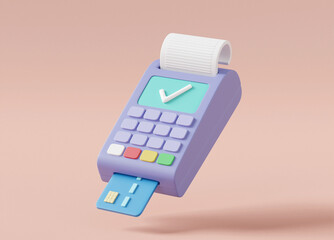 3D rendered illustration of a light purple card reader icon with a check mark. It indicates that the transaction was successful. Credit card inserted for financial transactions