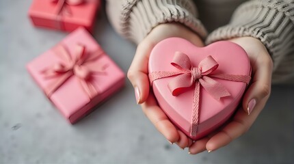 A pair of female hands gently holds a red heart-shaped gift box tied with a satin ribbon