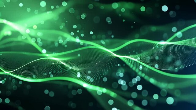 Abstract Green Dots Waving in Dark Digital Space Background.